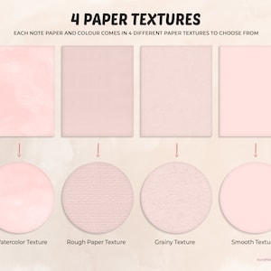 May include: Four different paper textures are shown in pink. The textures are watercolor, rough paper, grainy, and smooth. Each note paper and color comes in four different paper textures to choose from.