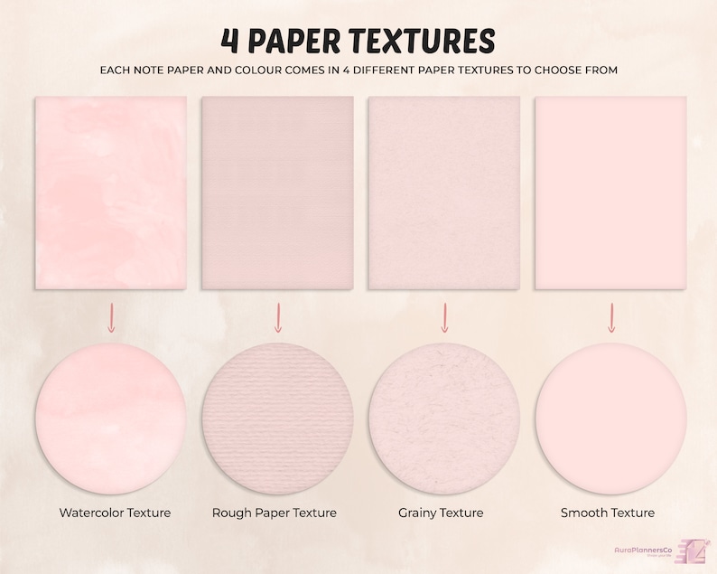 May include: Four different paper textures are shown in pink. The textures are watercolor, rough paper, grainy, and smooth. Each note paper and color comes in four different paper textures to choose from.