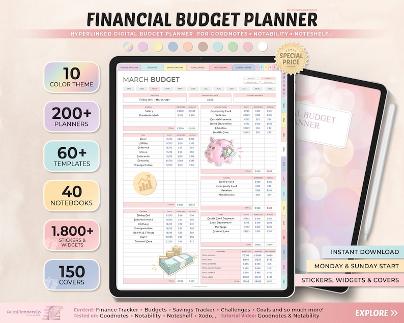 Digital Financial Budget Planner, Undated Digital Planner, Finance Tracker, Goodnotes Template, Portrait Budget Planner, Monthly Budget image 1