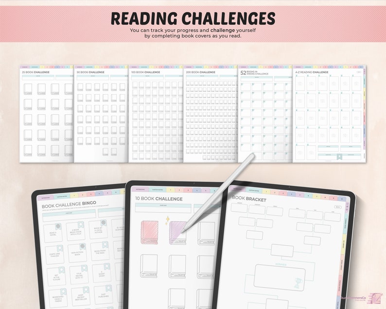 May include: A digital tablet displaying a variety of reading challenge templates. The templates include a book challenge bingo card, a 10 book challenge, and a book bracket. The templates are designed to help people track their reading progress and challenge themselves to read more books.