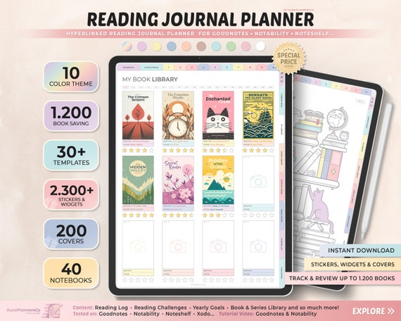 Digital Reading Journal, Reading Log, Book Tracker, Reading List, Reading Planner, Digital Goodnotes Template, Notability Template