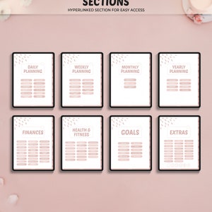 May include: Digital planner with sections for daily, weekly, monthly, and yearly planning, plus finances, health & fitness, goals, and extras. The planner has a pink and white colour scheme with the text "SECTIONS" and "HYPERLINKED SECTION FOR EASY ACCESS".