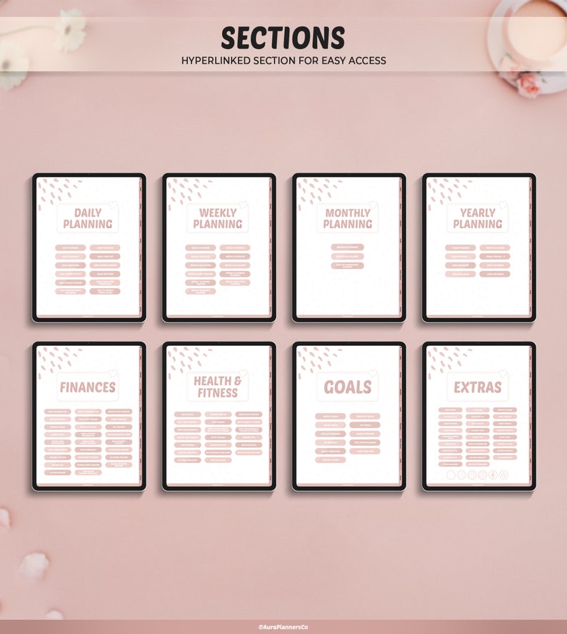 May include: Digital planner with sections for daily, weekly, monthly, and yearly planning, plus finances, health & fitness, goals, and extras. The planner has a pink and white colour scheme with the text "SECTIONS" and "HYPERLINKED SECTION FOR EASY ACCESS".