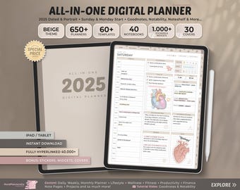 2025 All-in-One Digital Planner, Goodnotes Planner, Digital Calendar, Daily, Weekly, Monthly Journal, Digital Journal, Notability Templates