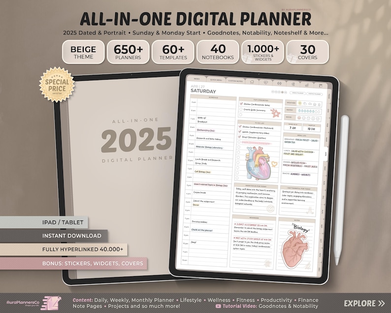 May include: Beige digital planner for iPad or tablet with the text "ALL-IN-ONE 2025 DIGITAL PLANNER". The planner includes 650+ planners, 60+ templates, 40 notebooks, 1,000+ stickers and widgets, and 30 covers. The planner is fully hyperlinked with 40,000+ bonus stickers, widgets, and covers.