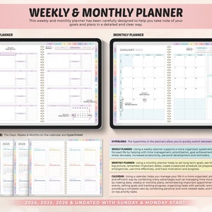 May include: A weekly and monthly planner with a pastel rainbow color scheme. The planner includes a calendar for 2024, 2025, and 2026. The planner is designed to help you take note of your goals and plans in a detailed and clear way.