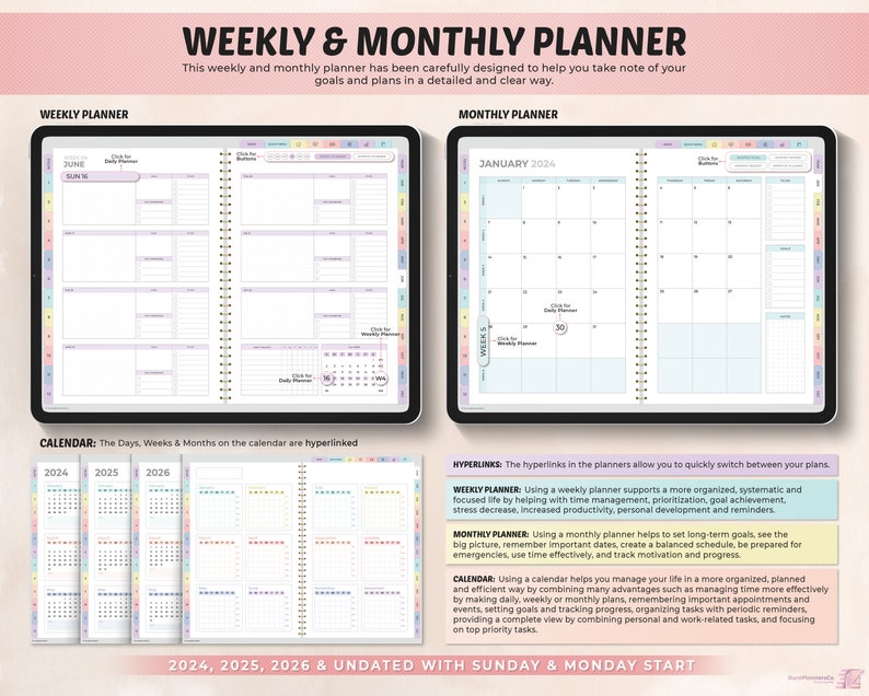 May include: A weekly and monthly planner with a pastel rainbow color scheme. The planner includes a calendar for 2024, 2025, and 2026. The planner is designed to help you take note of your goals and plans in a detailed and clear way.