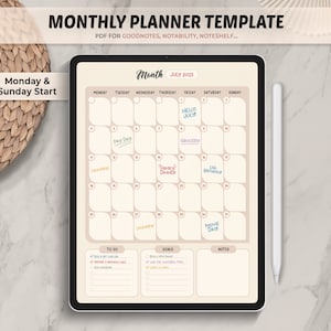 Monthly Planner Goodnotes Template, Monthly Planner Page, Monthly Digital Planner, Undated Monthly Planner, Goodnotes, Notability, Noteshelf