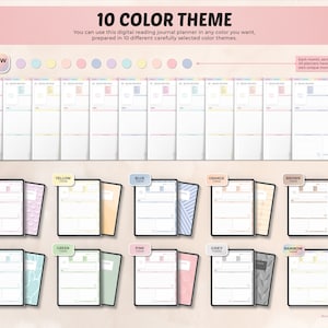 May include: A digital reading journal planner with 10 different color themes. Each theme features a unique monthly design. The themes include purple, yellow, blue, orange, brown, cyan, green, pink, grey, and rainbow.