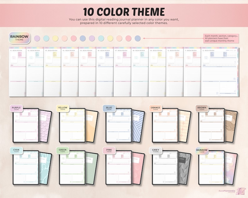 May include: A digital reading journal planner with 10 different color themes. Each theme features a unique monthly design. The themes include purple, yellow, blue, orange, brown, cyan, green, pink, grey, and rainbow.