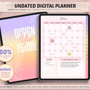 Könnte beinhalten: Eine digitale Planervorlage für Goodnotes, Notability und Noteshelf. Die Vorlage verfügt über einen rosa-orangenen Farbverlaufshintergrund mit dem Zitat "Gestalte deine Zukunft". Der Planer enthält einen Monatskalender, einen Abschnitt für wichtige Notizen und einen Bereich für Brainstorming. Die Vorlage ist undatiert und beginnt mit einem Montag und einem Sonntag.