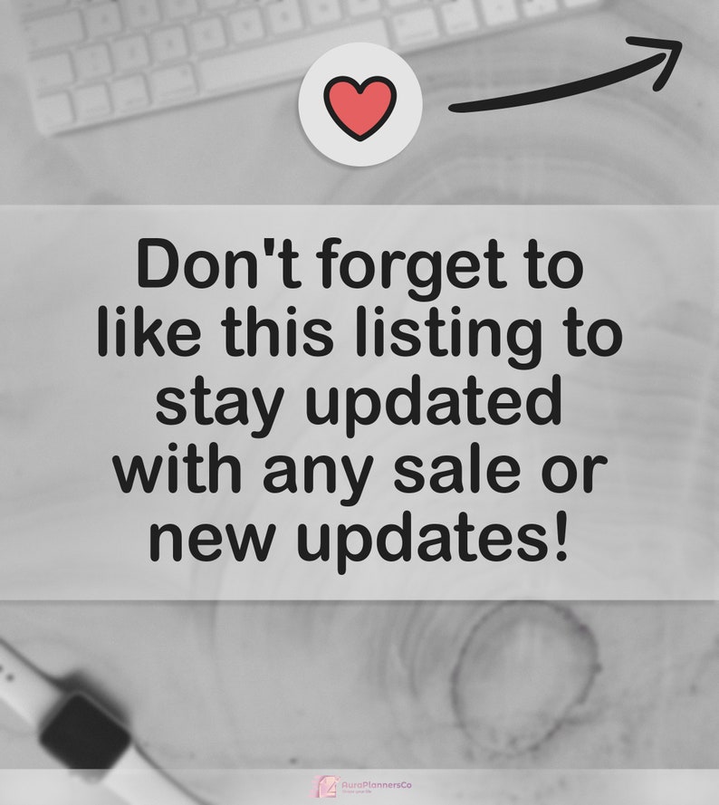 May include: A black and white image with text that says "Don't forget to like this listing to stay updated with any sale or new updates!"  A red heart icon with an arrow pointing to the right is in the top right corner of the image.