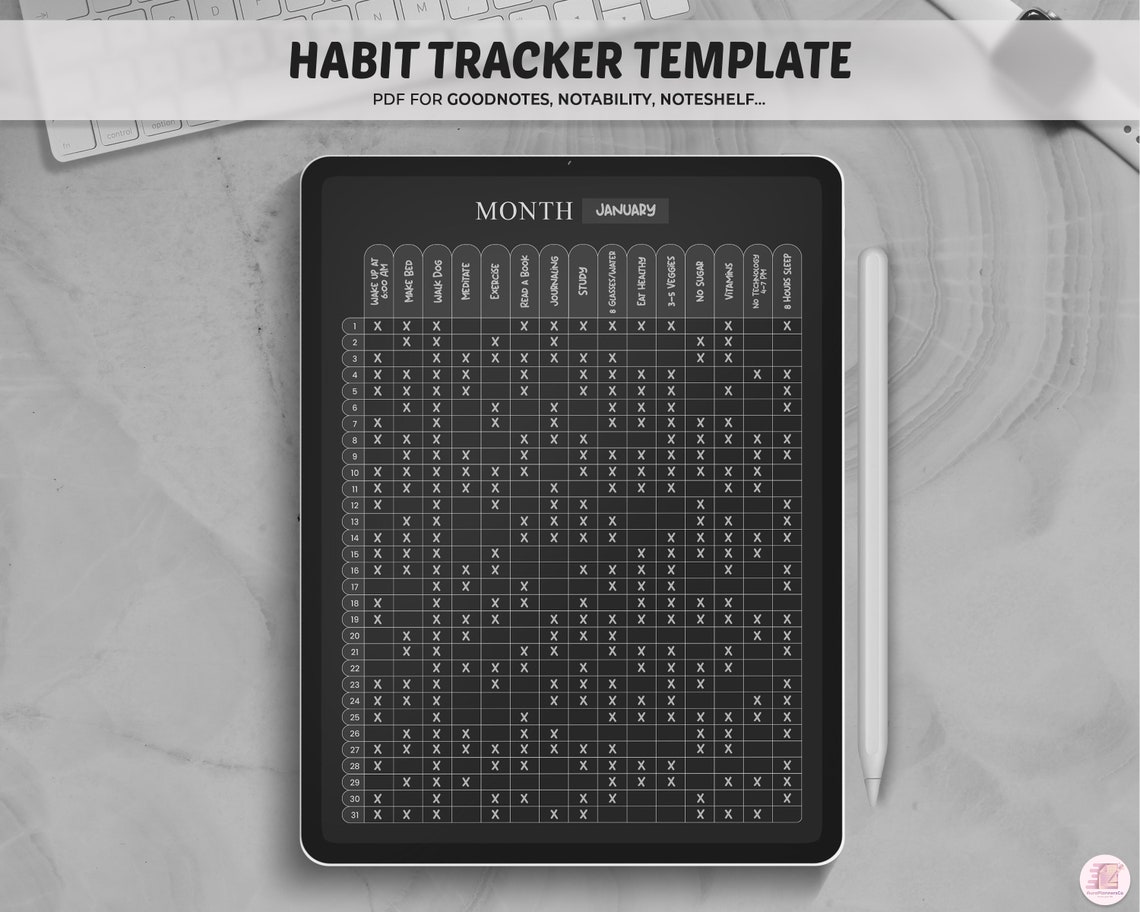 Goodnotes Template Dark Mode Monthly Habit Tracker Daily Etsy