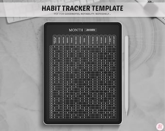 Goodnotes Template, Dark Mode Monthly Habit Tracker, Daily Habit Planner, iPad Planner, Goodnotes Planner, Digital Tracker