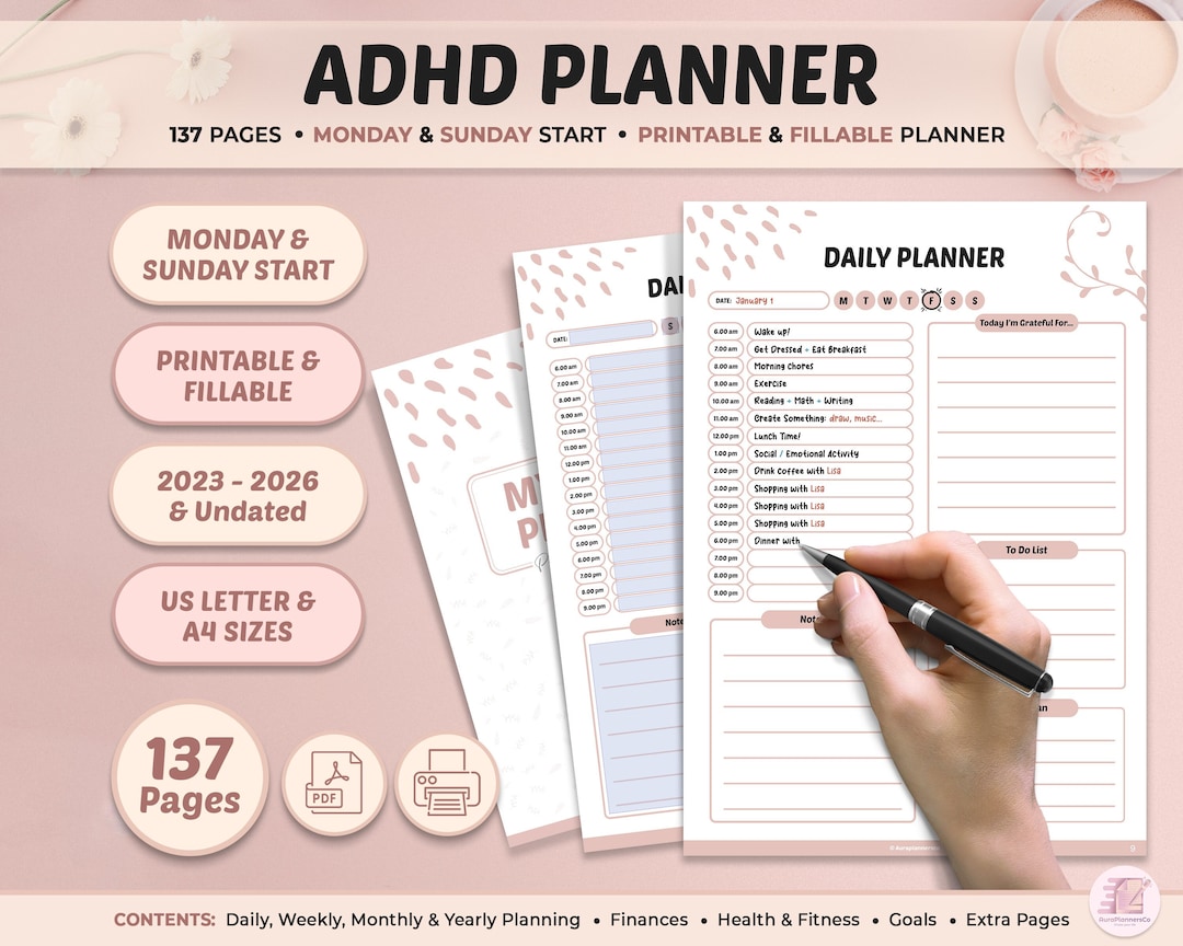 ADHD Planner Adult, Printable ADHD Planner, Fillable ADHD Planner, Adhd ...
