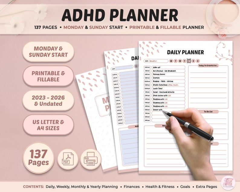 ADHD Planner Adult, Printable ADHD Planner, Fillable ADHD Planner, Adhd Productivity Planner, Adhd Journal, Fillable Printable Life Planner image 1