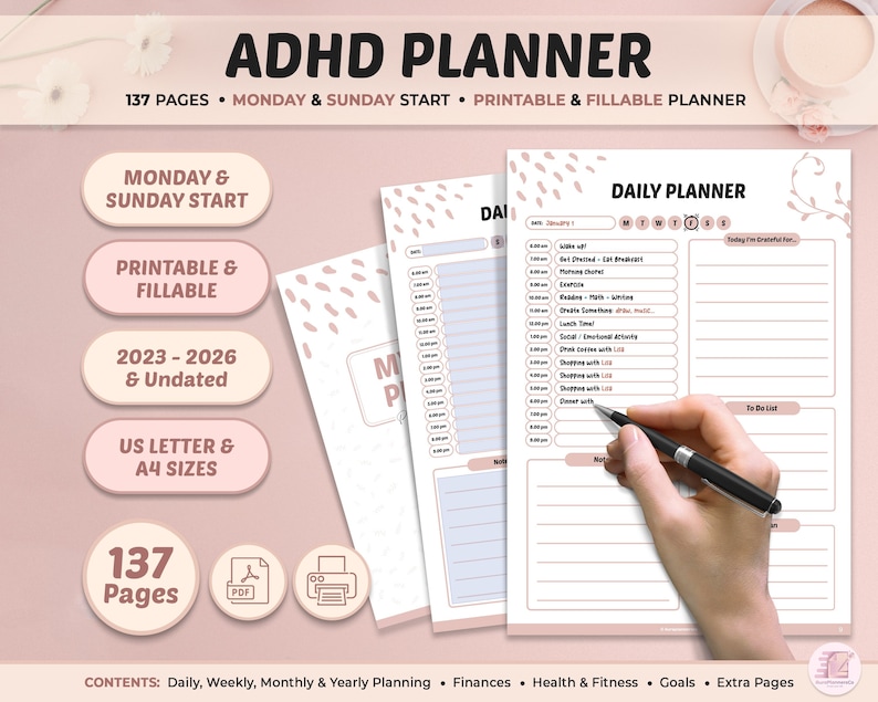 以下が含まれることがあります： ピンクと白の印刷可能なプランナーで、太字の黒いフォントで「ADHD PLANNER」というテキストが書かれています。このプランナーは、毎日の、毎週の、毎月の、そして毎年の計画のために設計されています。財務、健康とフィットネス、目標、追加のページのためのセクションが含まれています。このプランナーは137ページあり、USレターサイズとA4サイズがあります。