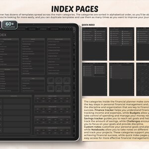 May include: A digital planner interface with the title "INDEX PAGES" displayed on a tablet. The screen shows various financial tracking categories, including finance, budget, and savings trackers. The interface includes the text "200+ PLANNERS" and "60+ TEMPLATES".