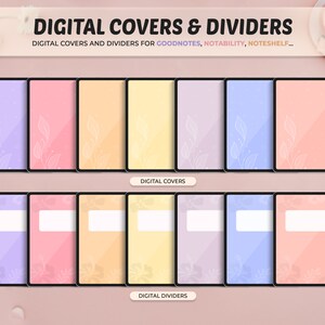 Peut inclure: Un ensemble de couvertures et de séparateurs numériques pour les applications de prise de notes comme Goodnotes, Notability et Noteshelf. Les couvertures et les séparateurs présentent une palette de couleurs pastel douce avec des motifs floraux délicats.