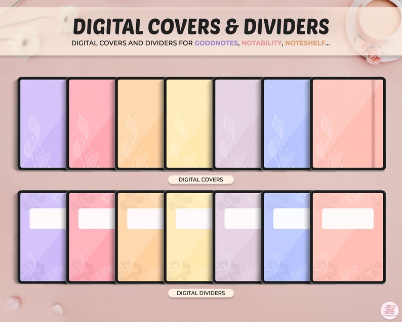 Puede incluir: Un conjunto de portadas y divisores digitales para aplicaciones de toma de notas como Goodnotes, Notability y Noteshelf. Las portadas y los divisores presentan una paleta de colores pastel suave con delicados dise&ntilde;os florales.