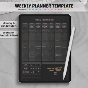 以下が含まれることがあります： Goodnotes、Notability、Noteshelf、Xodo などのデジタルノートアプリ用の週間プランナーテンプレートです。テンプレートは、月曜日から日曜日までの週の各日にカレンダーグリッドが配置されたダークグレーの背景を特徴としています。カレンダーグリッドには、タスクやメモを書くためのスペースがあります。テンプレートには、習慣トラッカーと「あなたは価値がある！忘れないで。」という励ましの言葉も含まれています。