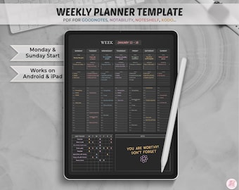 Wochenplaner Goodnotes Vorlage, Stundenplaner, Dark Mode Weekly Planner Seite Digital Planner pdf, Goodnotes Planner, iPad Tagesplaner