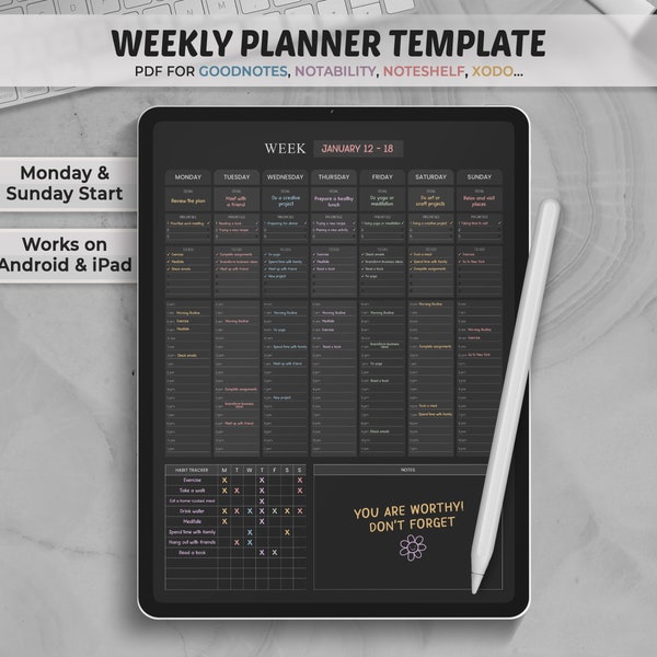 Wochenplaner Goodnotes Vorlage, Stundenplaner, Dark Mode Weekly Planner Seite Digital Planner pdf, Goodnotes Planner, iPad Tagesplaner