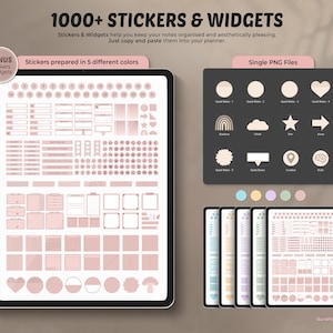 May include: A digital tablet screen displaying a collection of 1000+ stickers and widgets for planners. The stickers are in five different colors and include various shapes, sizes, and designs. The text "Stickers prepared in 5 different colors" is displayed at the top of the screen.