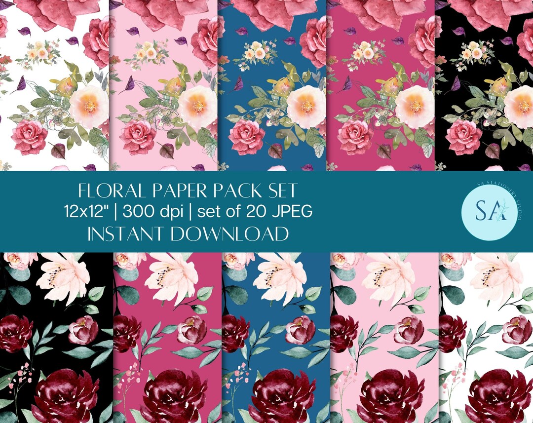 Floral Digital Paper Pack Set of 10 12x12 300dpi JPEG, Scrapbooking