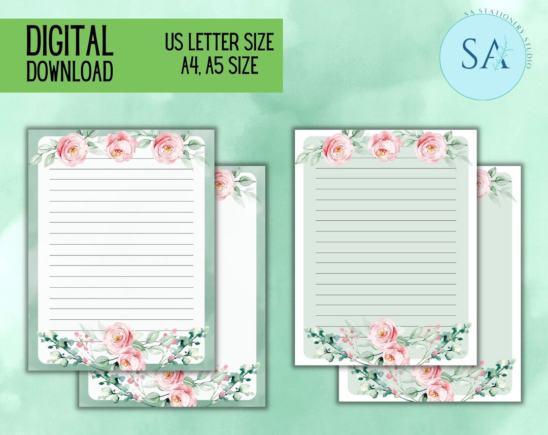 Green Roses Stationery Set, Letter, US Letter Size, A5, A4, Printable