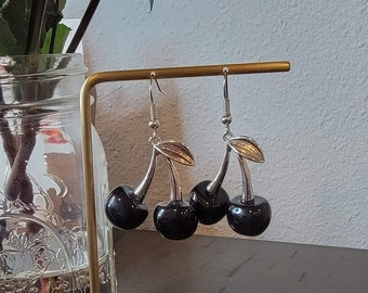 Black Cherry Fruit Earrings | Fruit Earrings | Fruit Accessories | Black Earrings | Handmade Earrings | Resin Earrings