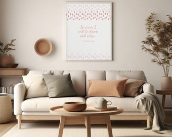May include: A rectangular wall art print featuring a white background with pink brushstroke patterns at the top and bottom. The center text reads, In peace I will lie down and sleep. PSALM 4:8, written in a pink script and serif font combination.