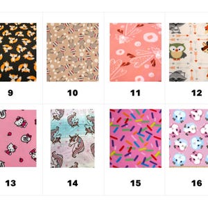 May include: A grid of eight fabric swatches featuring various patterns: foxes on black, sock monkeys on tan, hearts on pink, woodland animals with arrows, Hello Kitty on pink, unicorns, colorful sprinkles on pink, and guinea pigs on pink.