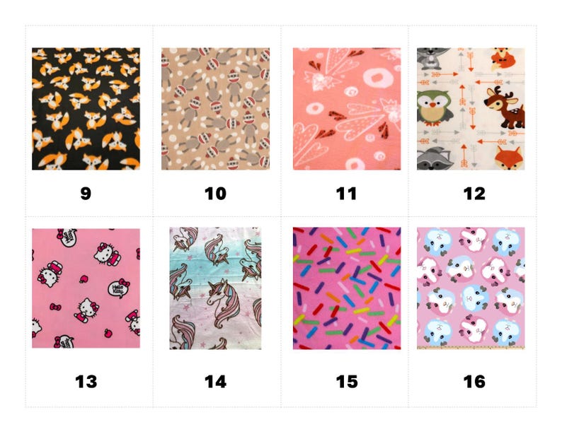 May include: A grid of eight fabric swatches featuring various patterns: foxes on black, sock monkeys on tan, hearts on pink, woodland animals with arrows, Hello Kitty on pink, unicorns, colorful sprinkles on pink, and guinea pigs on pink.