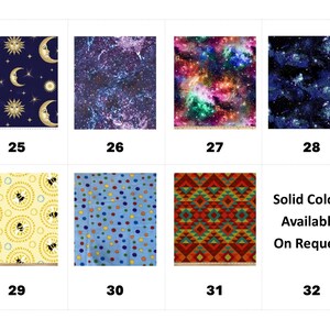 May include: A grid of eight fabric swatches labeled 25 through 32. Patterns include celestial moons and suns, purple and blue nebulae, colorful galaxy prints, yellow bees, multicolored polka dots, and a geometric red, green, and orange pattern.
