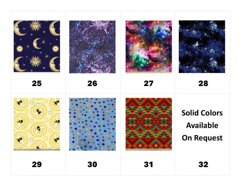 May include: A grid of eight fabric swatches labeled 25 through 32. Patterns include celestial moons and suns, purple and blue nebulae, colorful galaxy prints, yellow bees, multicolored polka dots, and a geometric red, green, and orange pattern.