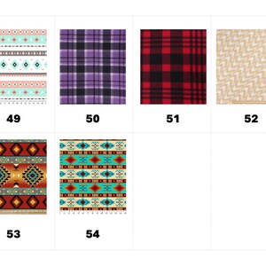 May include: A grid of six fabric swatches labeled 49 through 54. Patterns include a peach and teal geometric stripe, a purple plaid, a red and black buffalo check, a beige chevron, a red and orange geometric print, and a teal geometric pattern.