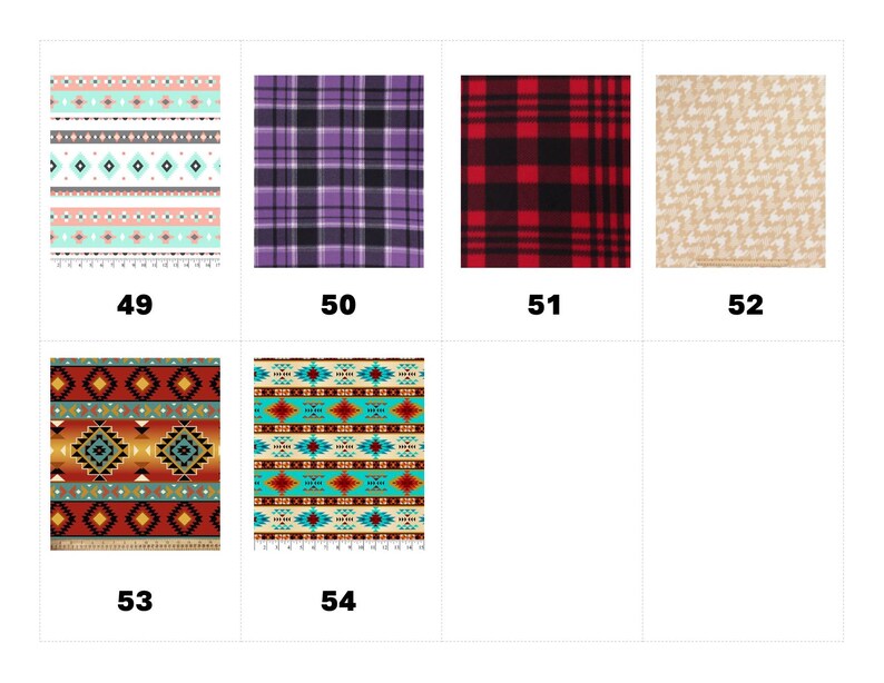May include: A grid of six fabric swatches labeled 49 through 54. Patterns include a peach and teal geometric stripe, a purple plaid, a red and black buffalo check, a beige chevron, a red and orange geometric print, and a teal geometric pattern.