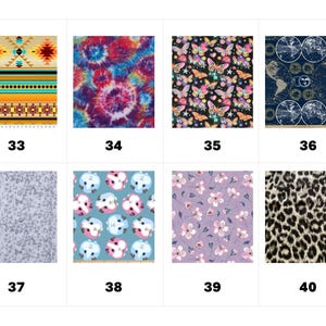May include: A grid of eight fabric swatches labeled 33 through 40. Patterns include geometric stripes, tie-dye, butterflies, world maps, gray mottled texture, cartoon guinea pigs, pink flowers on lavender, and a black and tan leopard print.