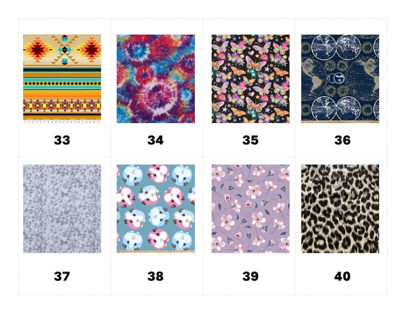 May include: A grid of eight fabric swatches labeled 33 through 40. Patterns include geometric stripes, tie-dye, butterflies, world maps, gray mottled texture, cartoon guinea pigs, pink flowers on lavender, and a black and tan leopard print.