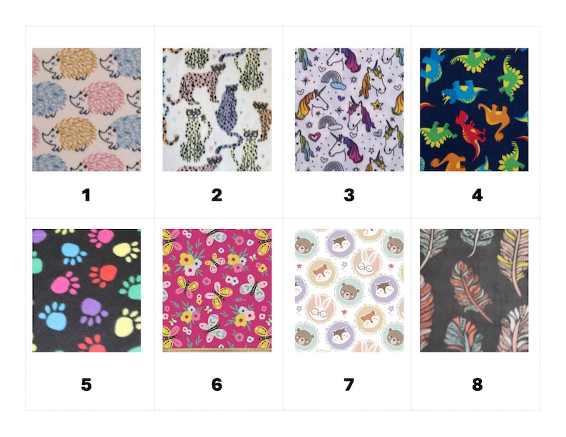 May include: A grid of eight fabric swatches featuring various patterns: hedgehogs, leopards, unicorns, dinosaurs, colorful paw prints, butterflies with flowers, woodland animal faces in circles, and feathers on a dark background, numbered one through eight.