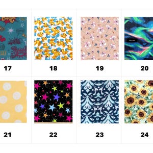 May include: A grid of eight fabric swatches labeled 17 through 24. Patterns include comic book graphics, yellow rubber ducks, pink flowers, aurora borealis, yellow smiley faces, colorful stars on black, blue damask, and sunflowers.