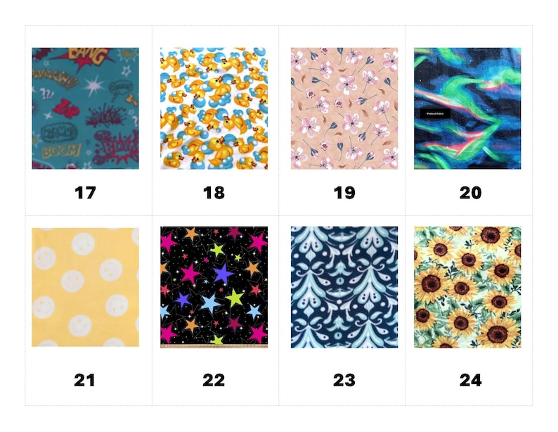 May include: A grid of eight fabric swatches labeled 17 through 24. Patterns include comic book graphics, yellow rubber ducks, pink flowers, aurora borealis, yellow smiley faces, colorful stars on black, blue damask, and sunflowers.