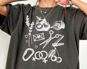 Camiseta vintage con estampado sutil lésbico, camiseta de algodón con contorno de orgullo sutil grabado en linóleo