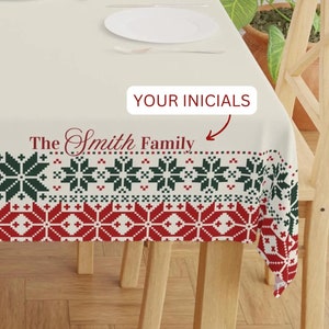 Custom Nordic Christmas Tablecloth, Personalized Scandinavian Knitting Design Christmas Tablecloth, Geometric Snowflakes Pattern Tablecloth