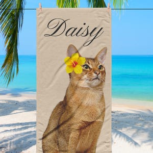 Hawaii Pet Portrait Beach Towel, Personalized Pet Name Custom Gift, Pet Art Personalized Cat Portrait Photo Gift, Pet Painting Beach Towel