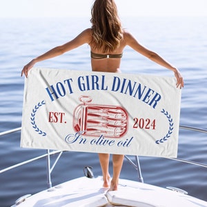 Hot Girl Sardines Dinner Beach Towel, sardines Tin Fish Line Art Anchovy Beach Towel Foodie Gift, Tinned Fish Lover Beach Towel Sea Fish