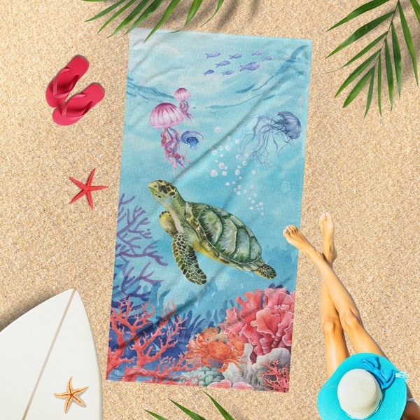 Sea Turtle Jellyfish Beach Towel summer must decor ocean inspired style tropical sea turtles ocean hawaii sea coconut girl preppy stuff gift