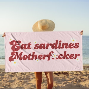 Eat Sardines Sweary Beach Towel, Tin Fish Line Art Anchovy Beach Towel Foodie Gift Tinned Fish Lover Beach Towel Sea Fish Gift