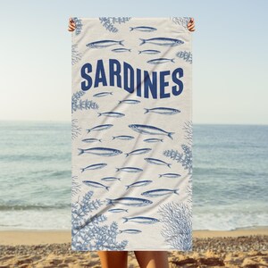 Ocean Sardines Line Art Beach Towel, sardines Tin Fish Line Art Anchovy Beach Towel Foodie Gift, Tinned Fish Lover Beach Towel Sea Fish Gift
